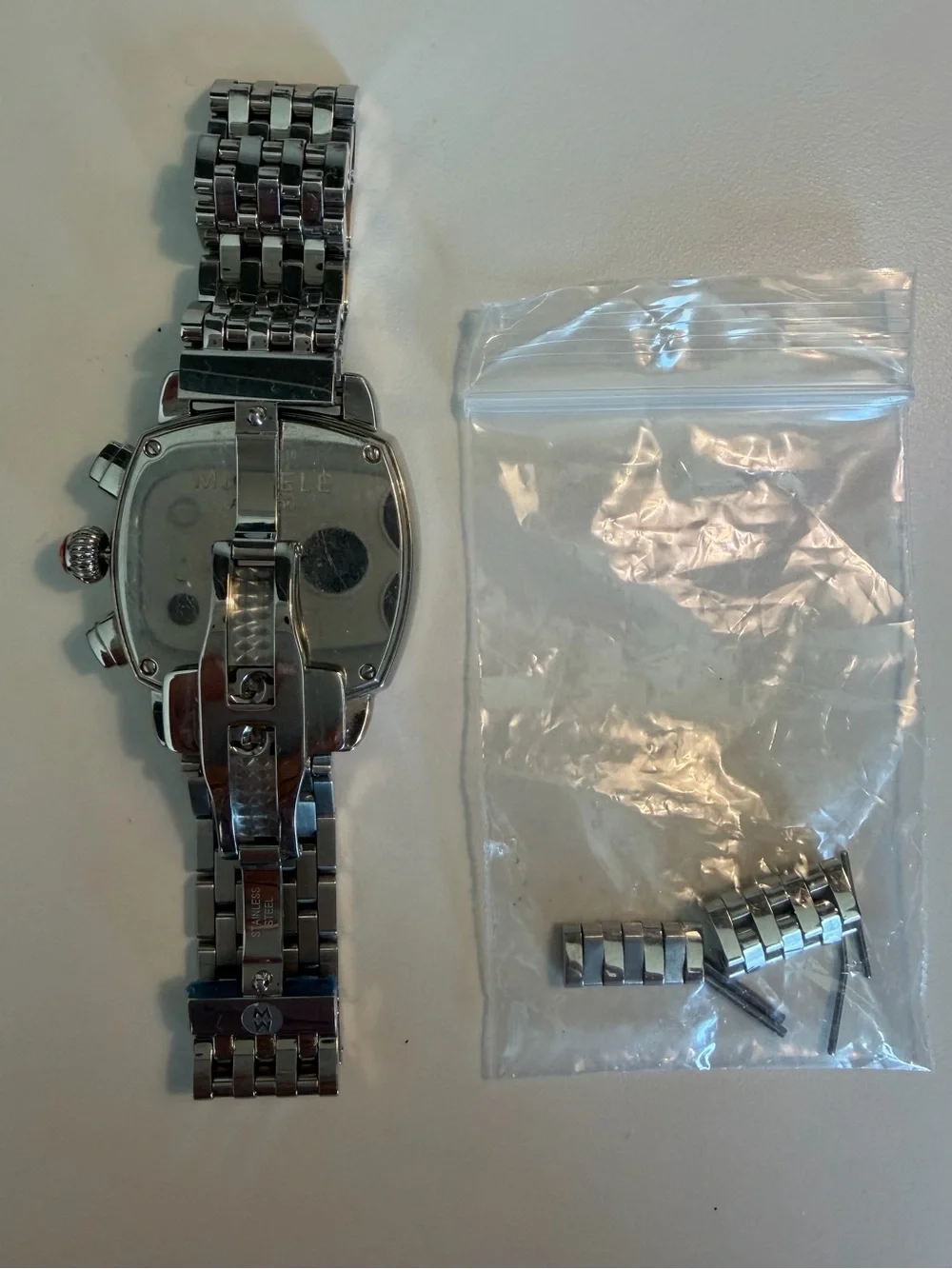 Michele Silver-Tone Stainless Steel Chronograph Watch with White Dial